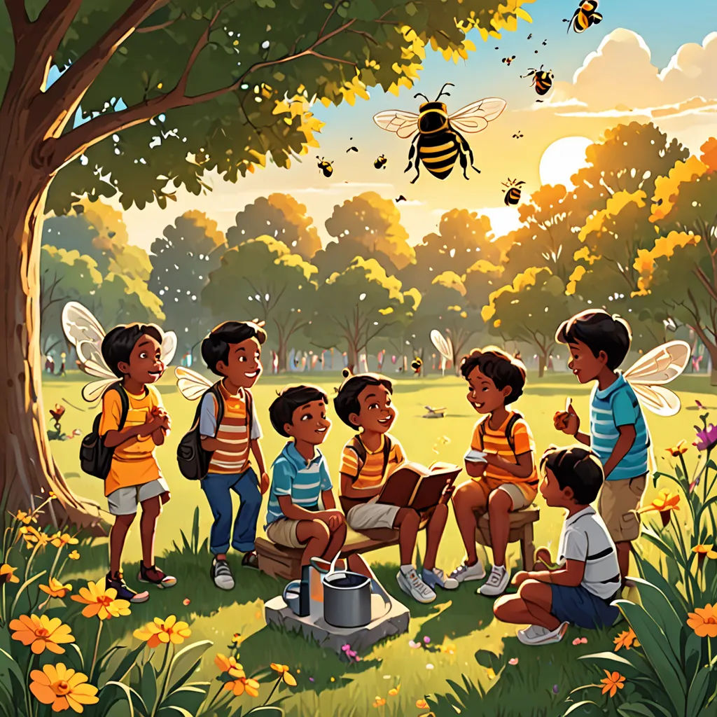 a group of children sitting around a tree in a park with a bee on it's back and a bee on the ground, american scene painting, a storybook illustration, Aaron Jasinski, storybook illustration