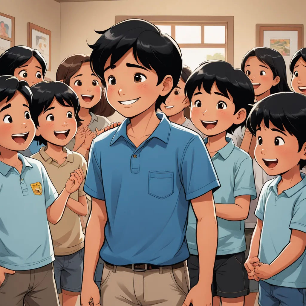 a group of children standing in a classroom with a man in front of them smiling at the camera with a group of children behind him, lyco art, a storybook illustration, Adam Manyoki, official art