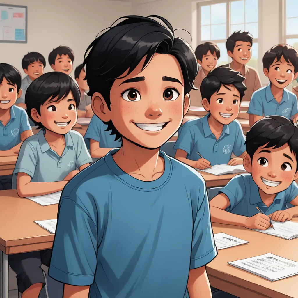 a boy in a classroom with a group of other boys behind him smiling at the camera with a book in his hand, vancouver school, a storybook illustration, Adam Manyoki, official art