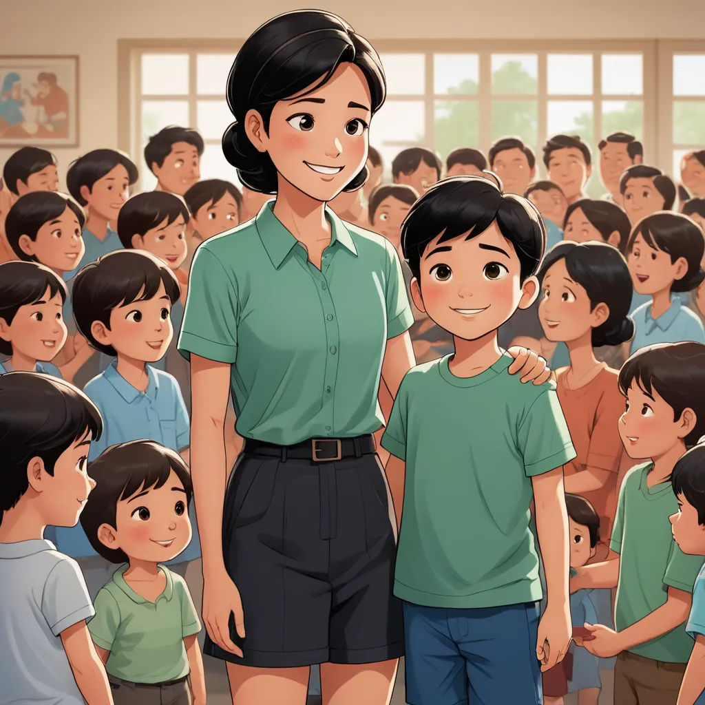 a woman standing next to a boy in front of a crowd of people in a classroom with a green shirt, socialist realism, a storybook illustration, Fernando Amorsolo, official art