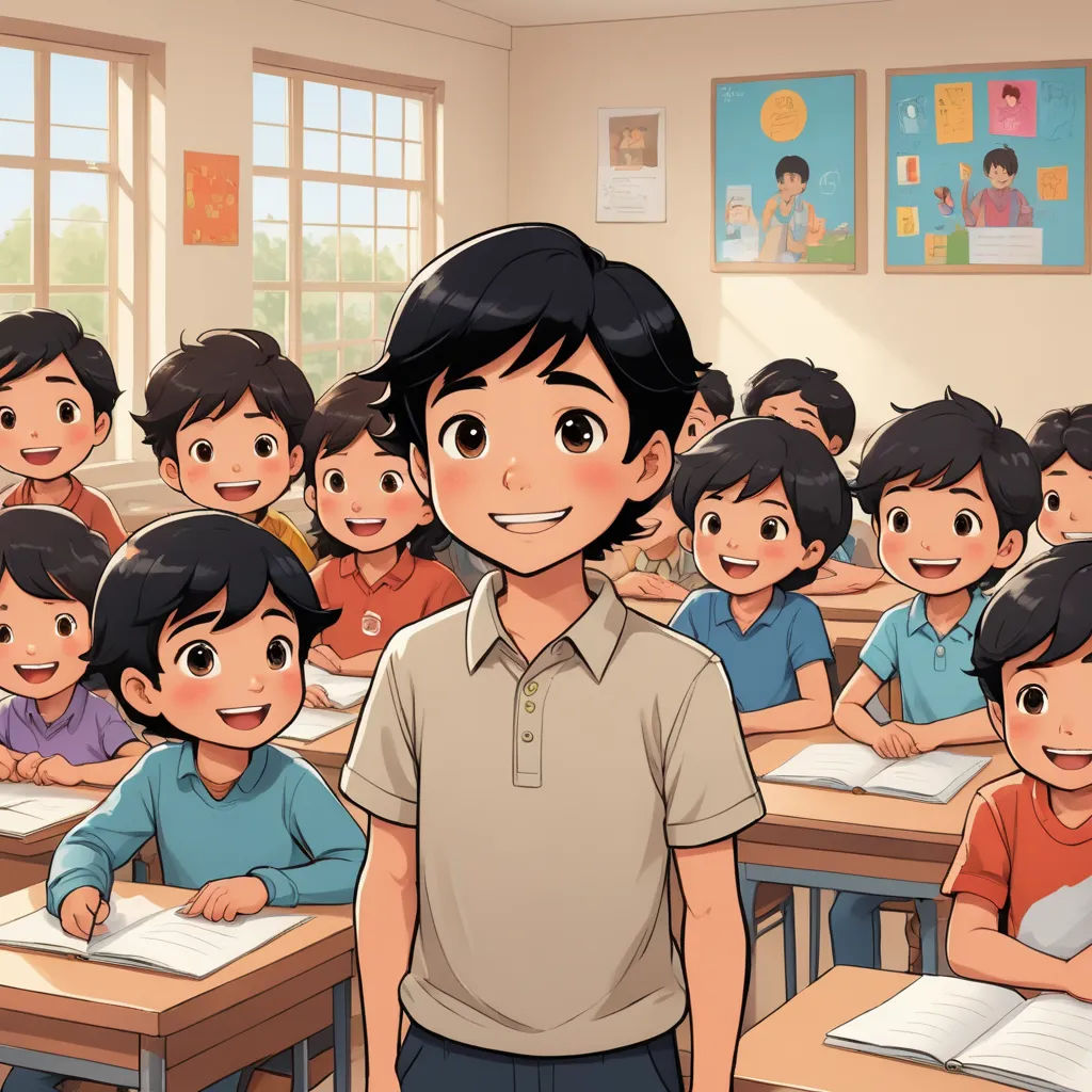 a boy standing in front of a classroom full of students with their books open and smiling at the camera, vancouver school, a storybook illustration, Adam Manyoki, official art