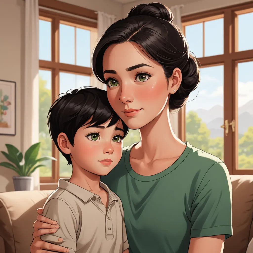 a woman and a child are in a living room together, with a window in the background and a mountain view, sots art, a storybook illustration, Elizabeth Forbes, kinkade