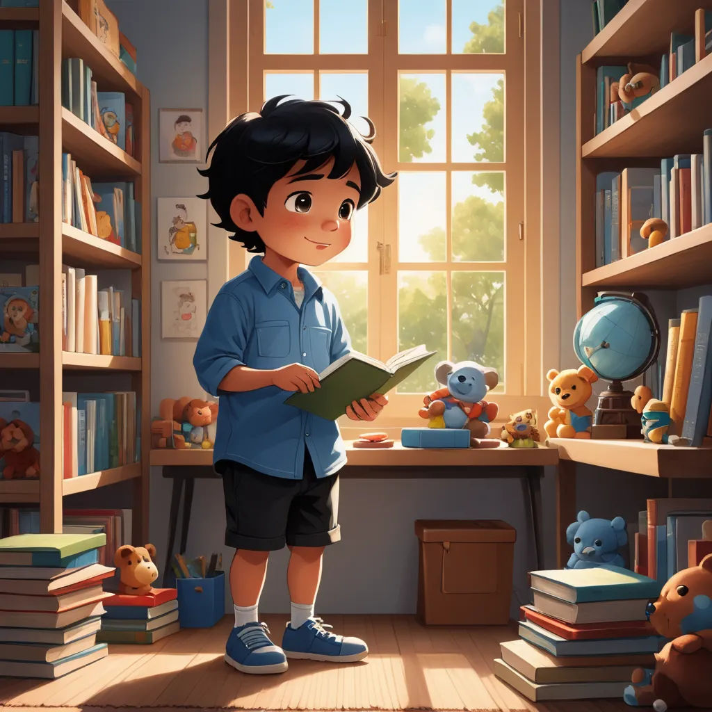 a boy standing in a room with a book in his hands and a teddy bear on the floor in front of him, photorealism, a storybook illustration, Diego Gisbert Llorens, rossdraws global illumination