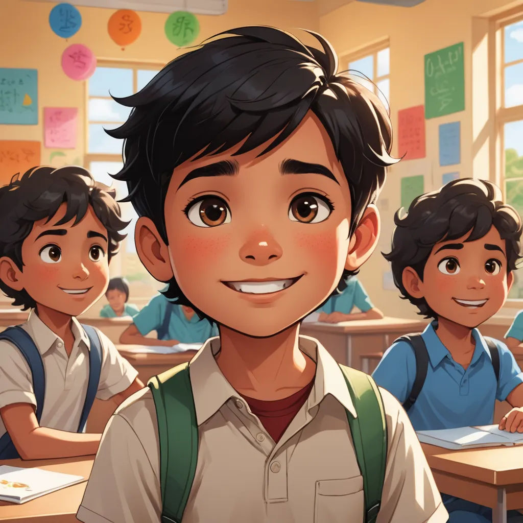 a boy in a classroom with other children in the background and a cartoon of him smiling at the camera, paris school, a comic book panel, Eddie Mendoza, official art