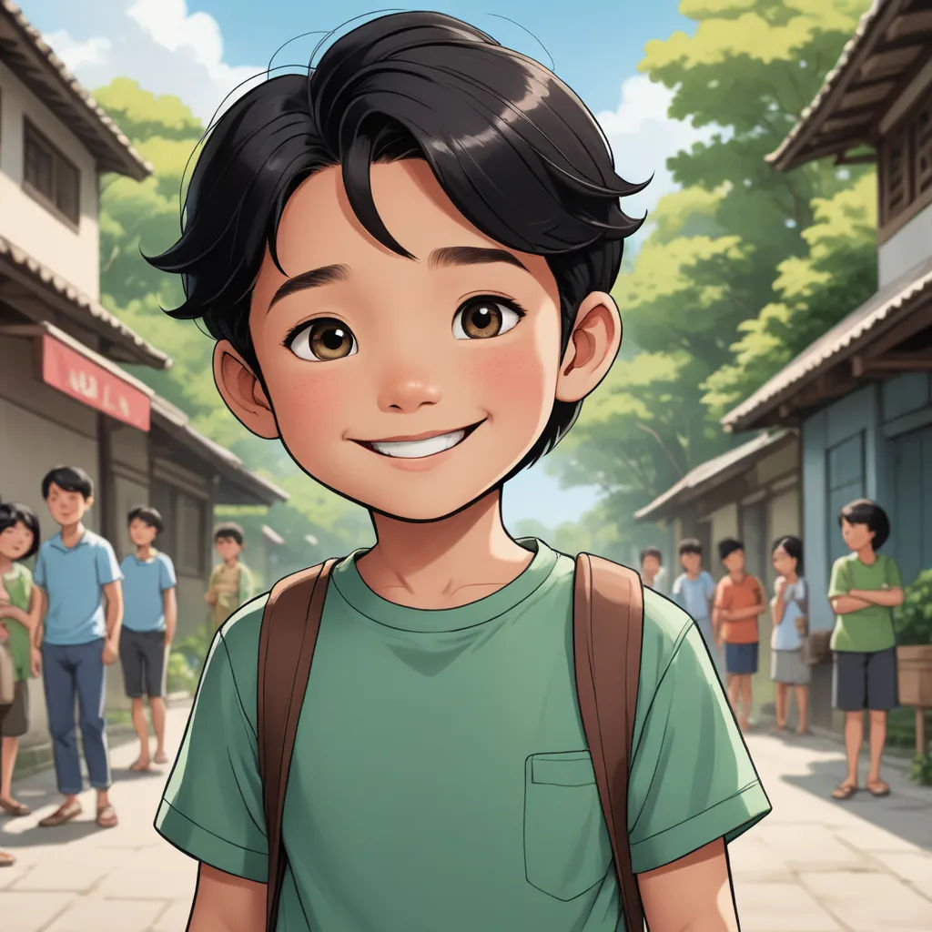 a cartoon boy with a backpack standing in front of a crowd of people in a city street with trees, sots art, a character portrait, Du Jin, official art