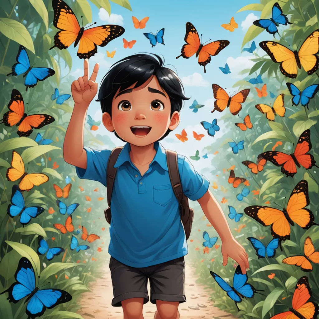 a boy is walking through a butterfly forest with butterflies around him and a hand up in the air with a peace sign, magical realism, a storybook illustration, Aaron Jasinski, comic cover art