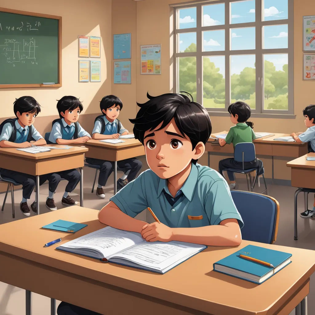 a boy sitting at a desk in a classroom with other students in the background and a chalkboard with a chalkboard on it, serial art, a comic book panel, Diego Gisbert Llorens, official art