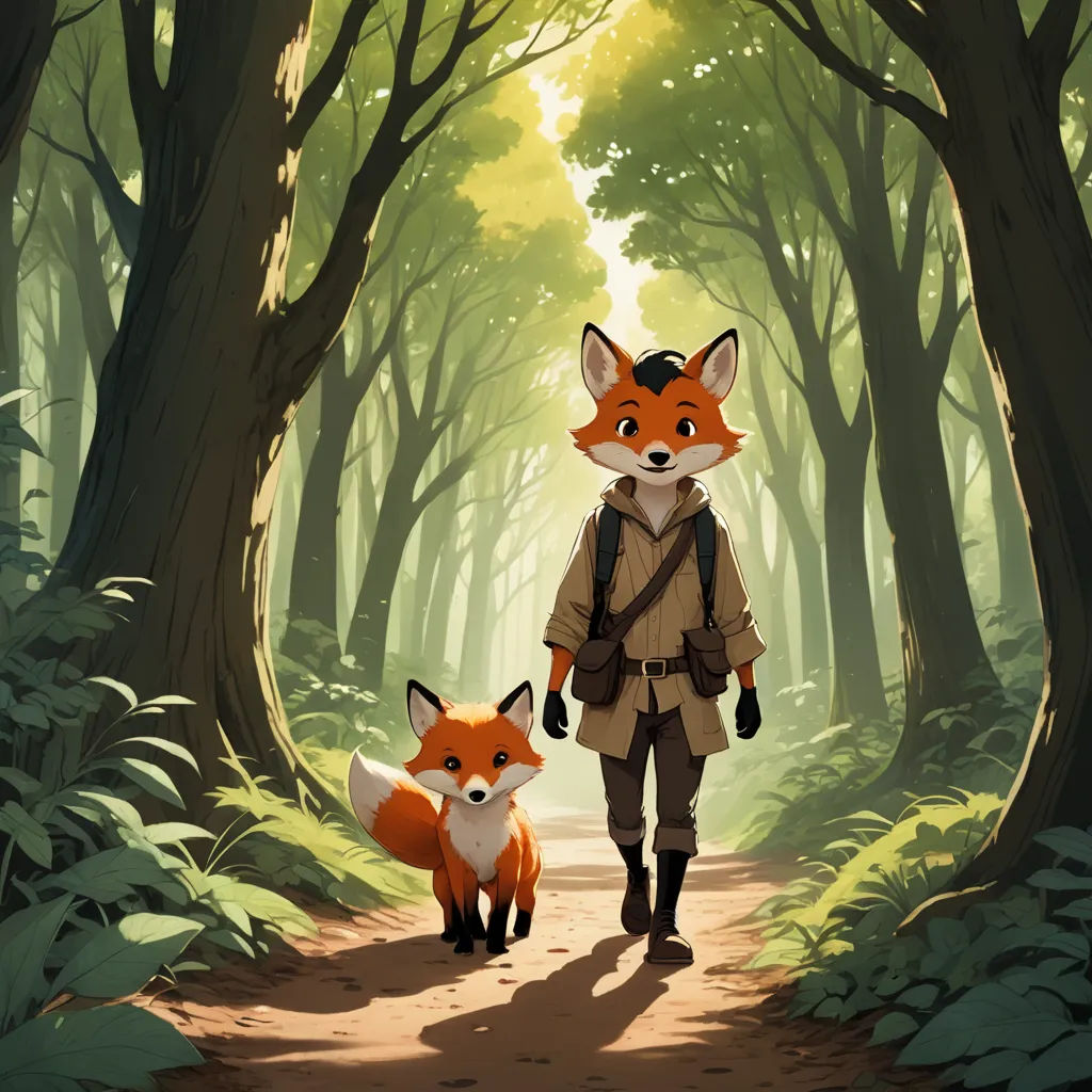 a man and a fox walking through a forest with trees and leaves on the ground, with a backpack on, furry art, a storybook illustration, Cliff Childs, official art