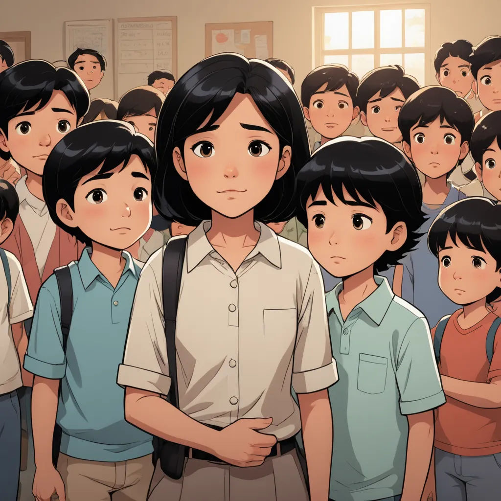 a group of people standing in a classroom with a boy in the middle of the room looking at the camera, serial art, a storybook illustration, Ayako Rokkaku, yukito kishiro