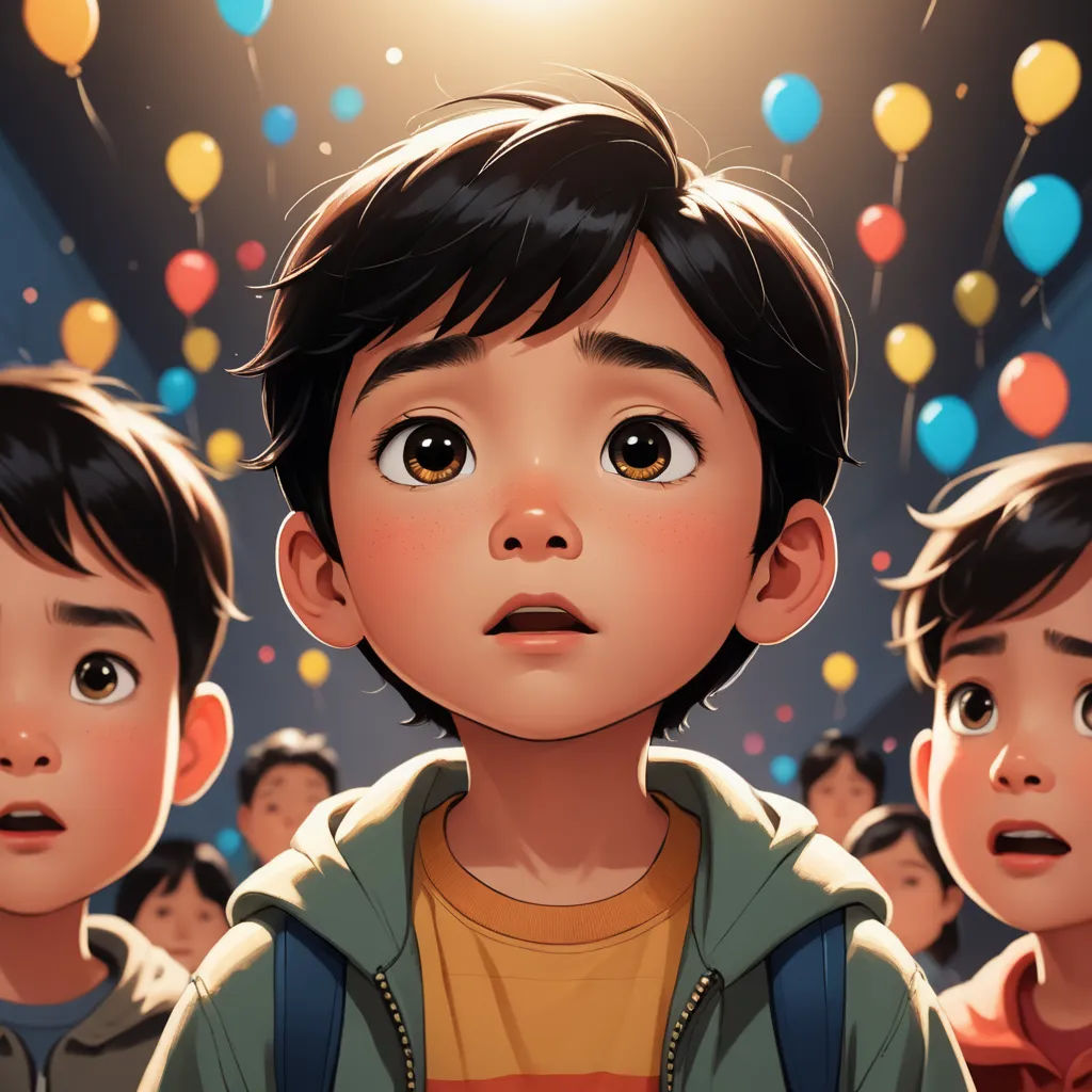 a group of children standing in front of a crowd of balloons with a light shining on them and a boy looking up, sots art, poster art, Eddie Mendoza, pixar style