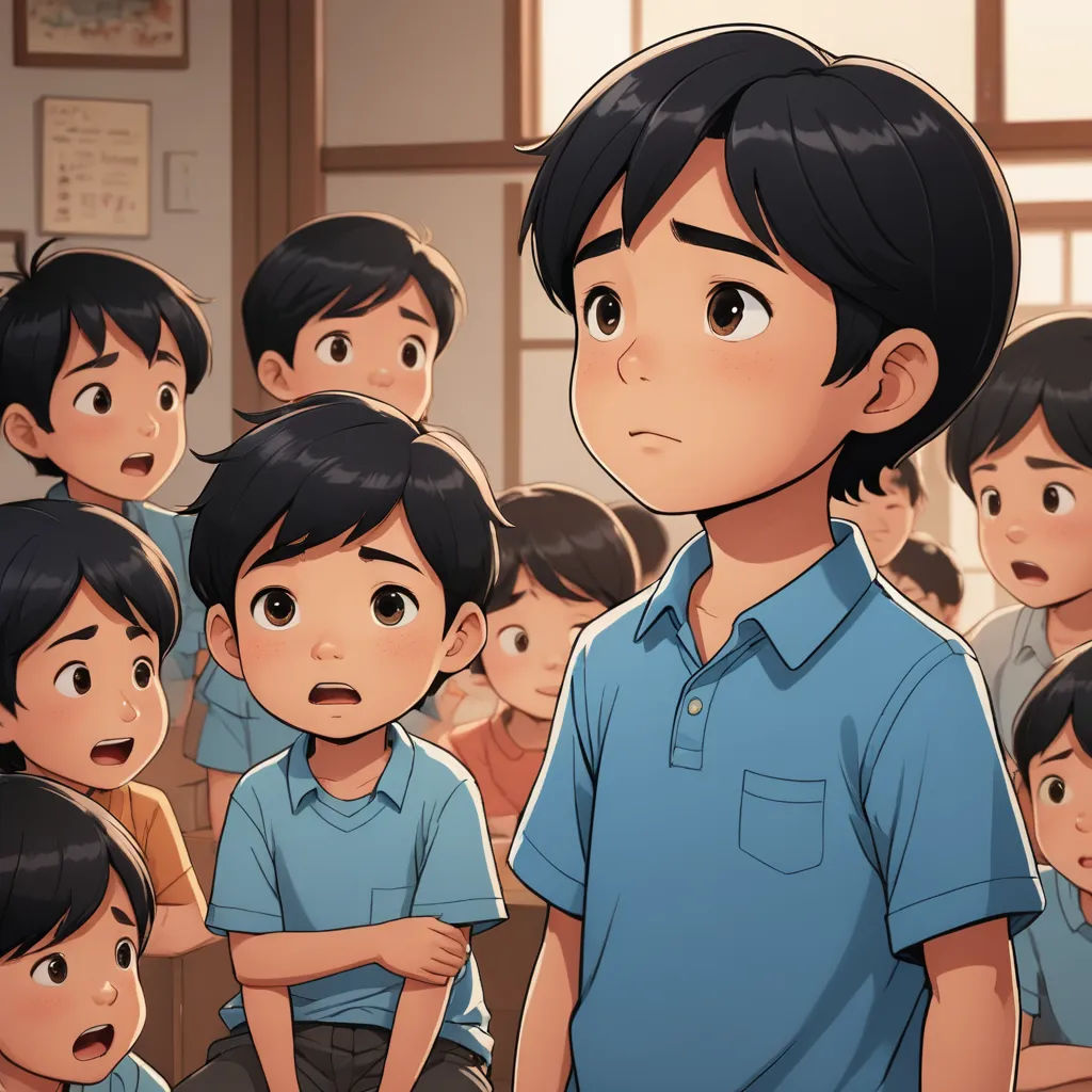 a boy in a blue shirt standing in front of a group of children in a classroom with a surprised look on his face, vancouver school, a comic book panel, Adam Manyoki, official art