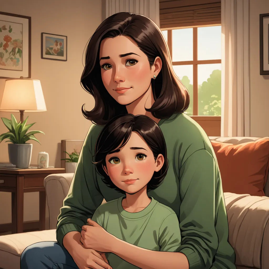 a woman and a child sitting on a couch in a living room with a window behind them and a lamp on the side, sots art, a storybook illustration, Artgerm, ultra realistic illustration