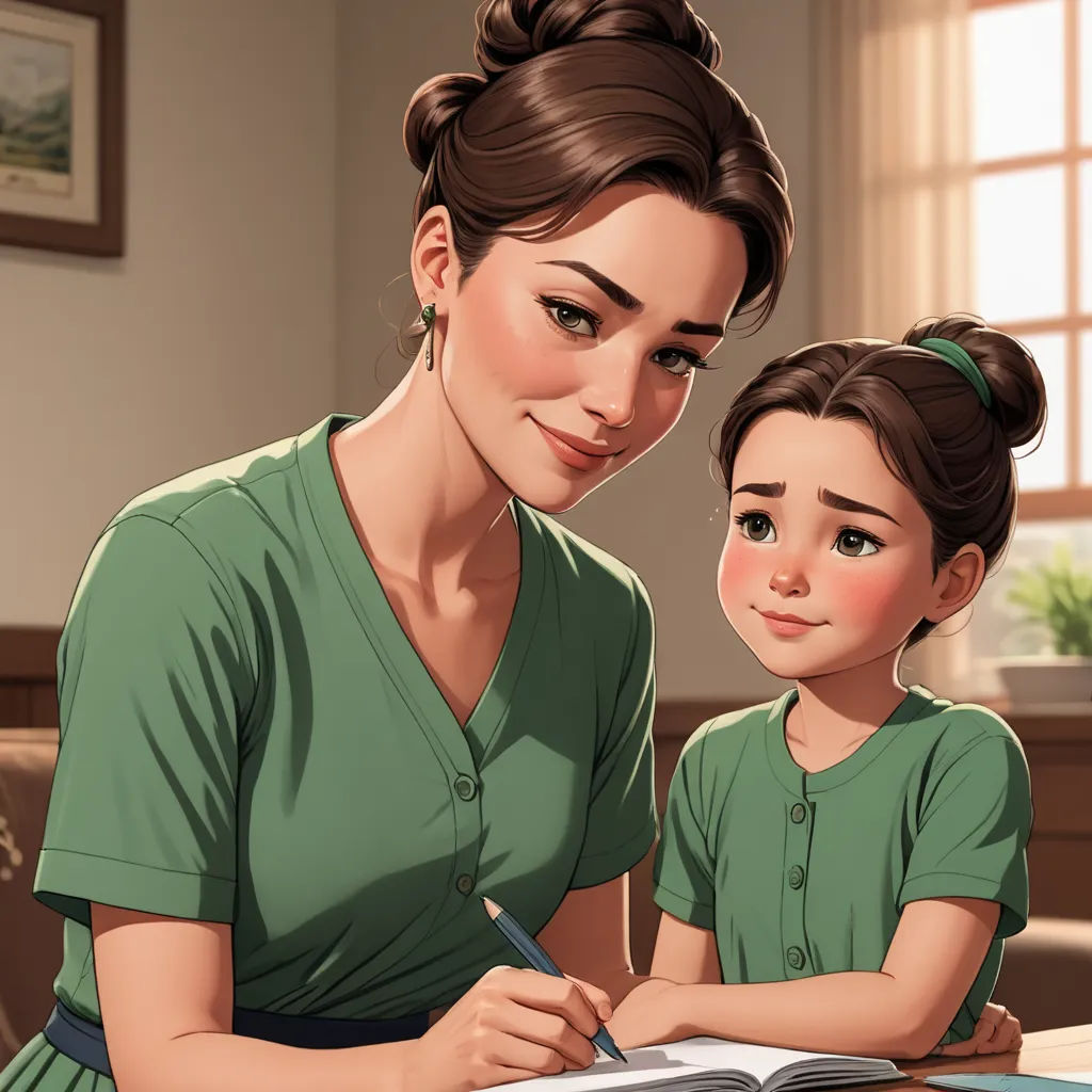 a woman and a child are sitting at a table with a book and pen in their hands and a book in their lap, remodernism, a storybook illustration, Artgerm, kinkade