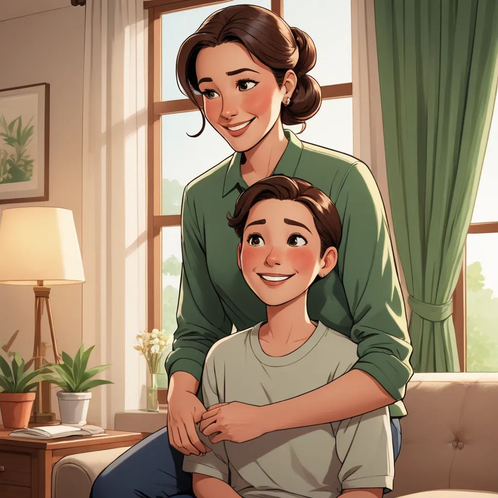a woman sitting on a couch with a boy in front of her and a window behind her with a plant, american realism, a storybook illustration, Elizabeth Forbes, official art