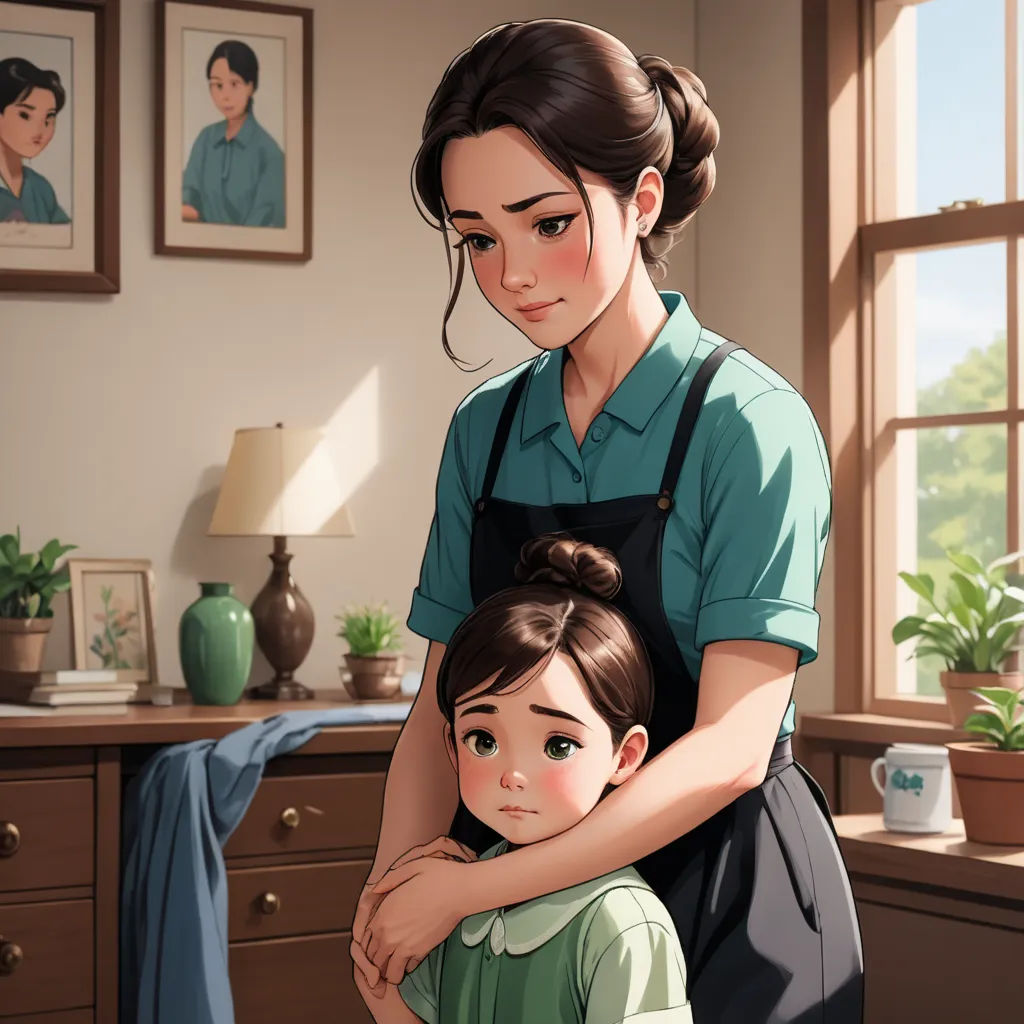 a woman holding a child in her arms in a room with a window and a painting of a woman, classical realism, a storybook illustration, Atey Ghailan, trending on art station