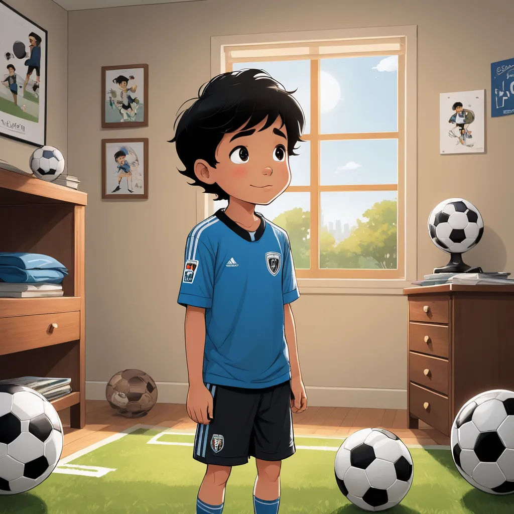 a boy in a bedroom with soccer balls on the floor and a soccer ball on the floor in front of him, american scene painting, a storybook illustration, Emiliano Ponzi, official art
