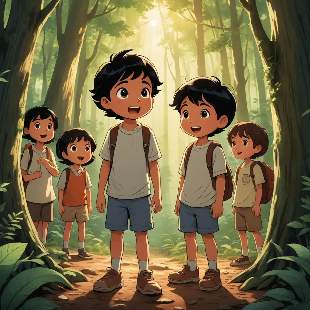 a group of children standing in the middle of a forest with a light shining through the trees behind them, serial art, a storybook illustration, Adam Manyoki, official art