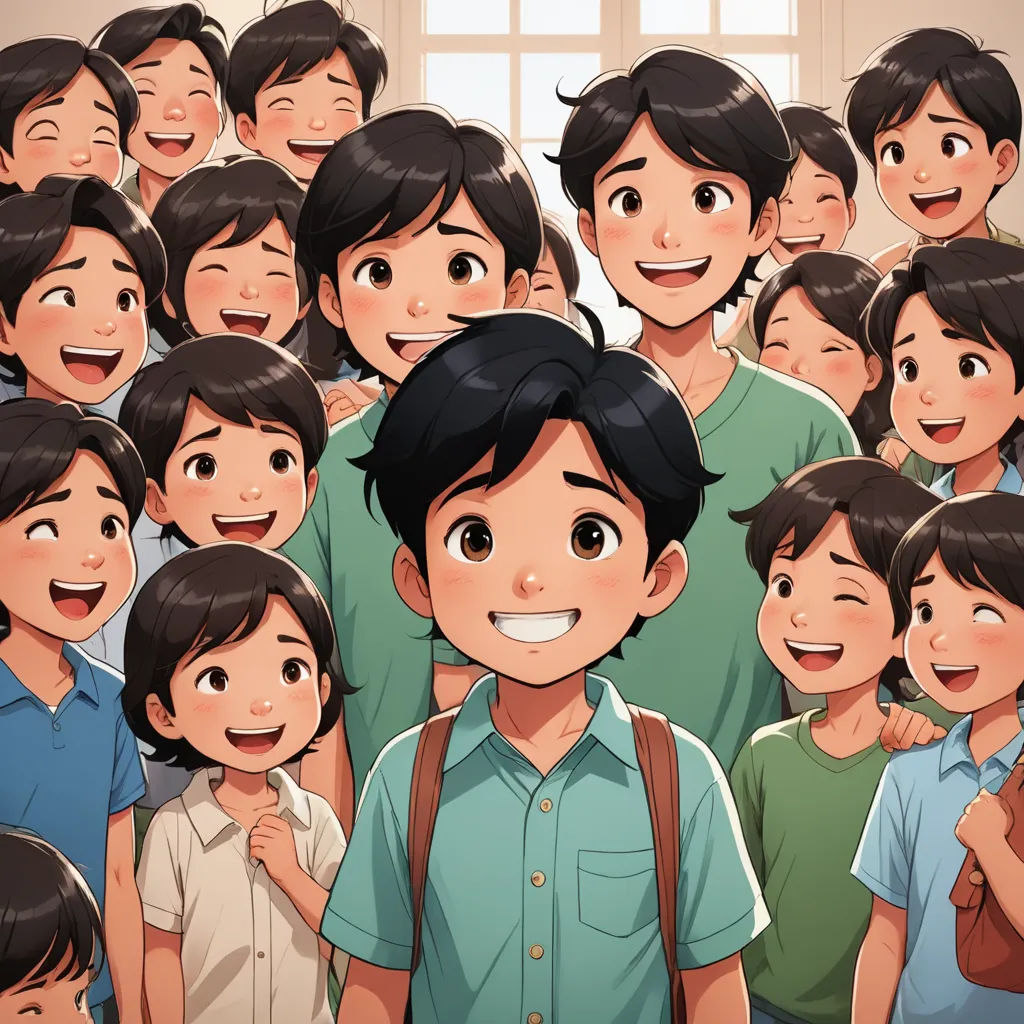 a group of people standing next to each other with a boy smiling at the camera and a boy standing in front of them, serial art, a storybook illustration, Adam Manyoki, madhouse