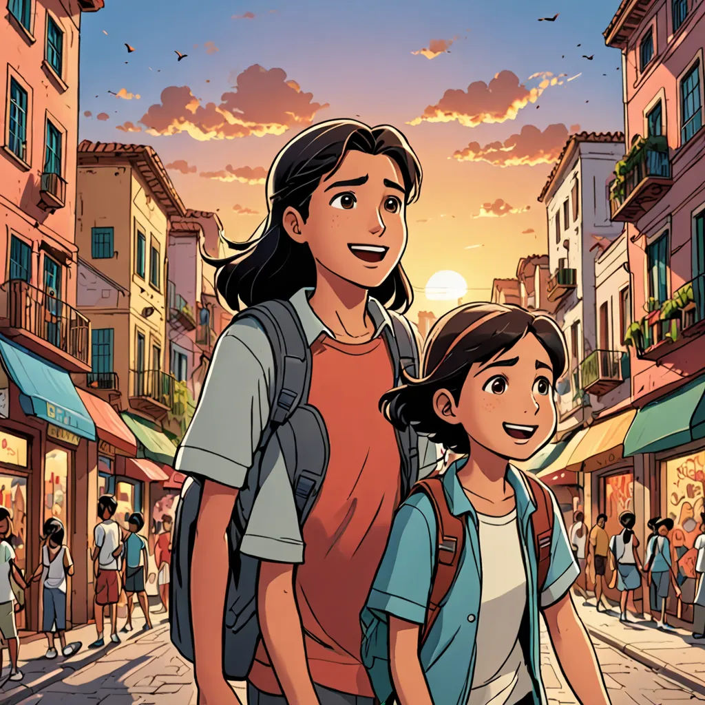 a man and a woman walking down a street in front of a crowd of people with buildings in the background, lyco art, a comic book panel, Asaf Hanuka, comic cover art