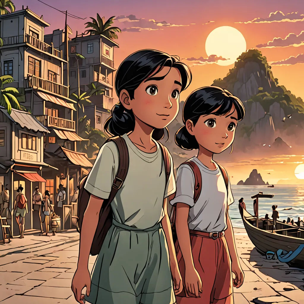 two people standing on a street next to a boat in the water and a sunset in the background with a boat in the water, serial art, a comic book panel, Cliff Childs, official art