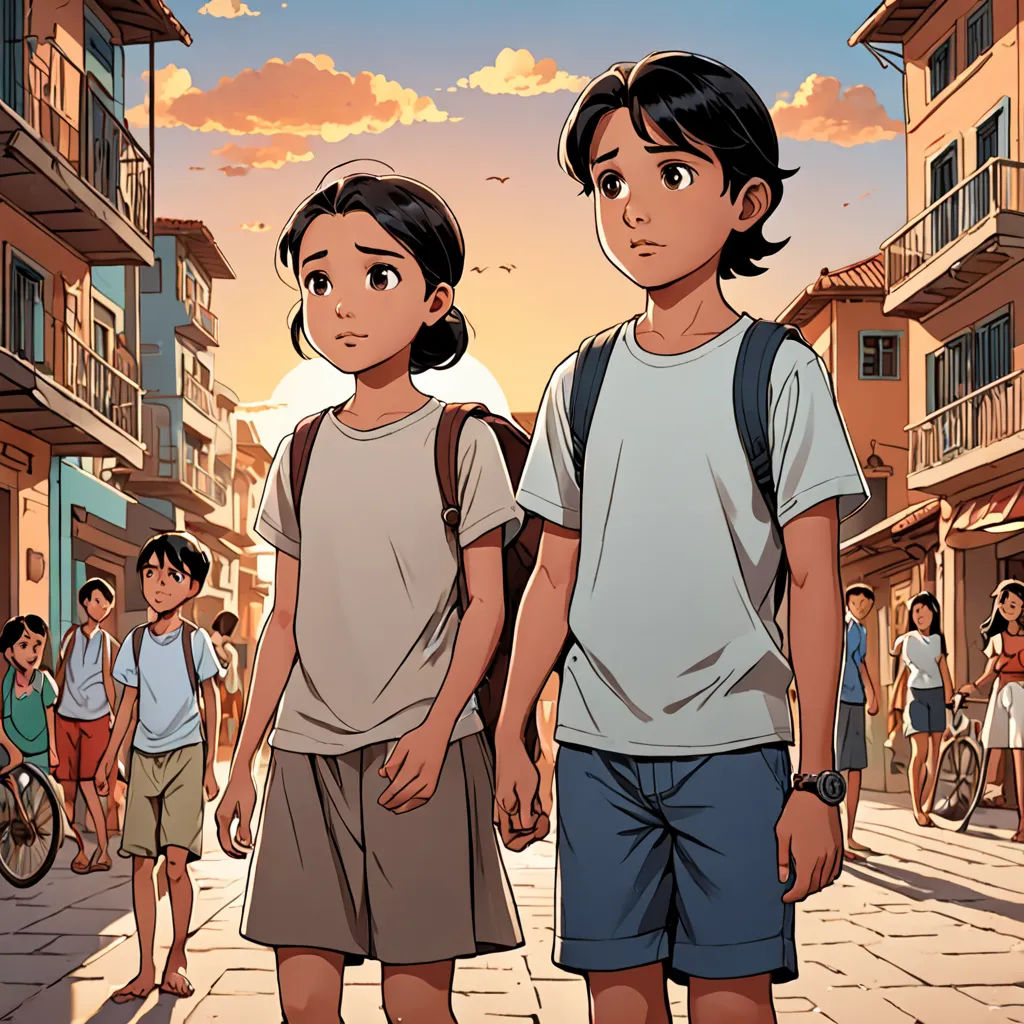 a couple of kids standing next to each other on a street near a building and a bicycle rider and a bicycle, serial art, a comic book panel, Brothers Hildebrandt, comic cover art