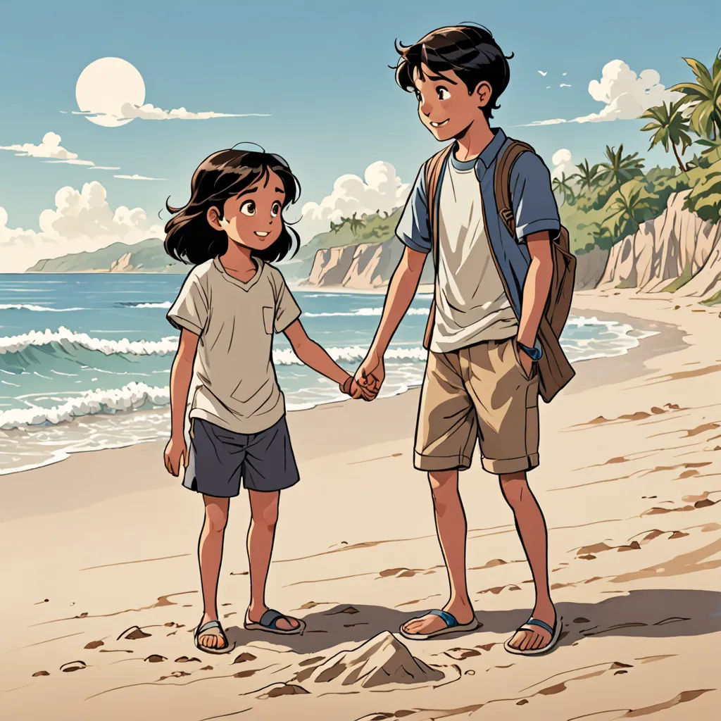 a boy and girl holding hands on a beach with the ocean in the background and a sky with clouds, lyco art, a comic book panel, Asaf Hanuka, comic cover art