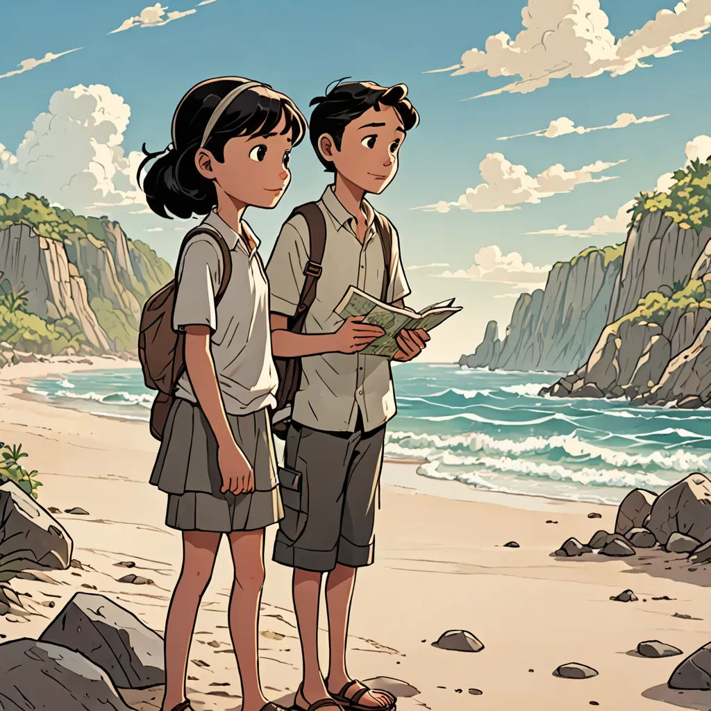 a couple of people standing on top of a beach next to a body of water and a cliff in the background, serial art, a comic book panel, Asaf Hanuka, yukito kishiro
