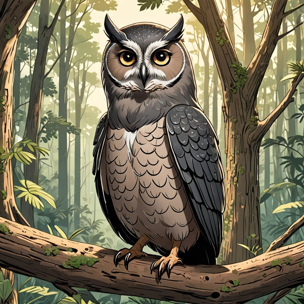 a bird sitting on a branch in a forest with trees and leaves around it, with a yellow - eyed owl perched on the branch, fantasy art, a storybook illustration, Dan Mumford, high detail illustration