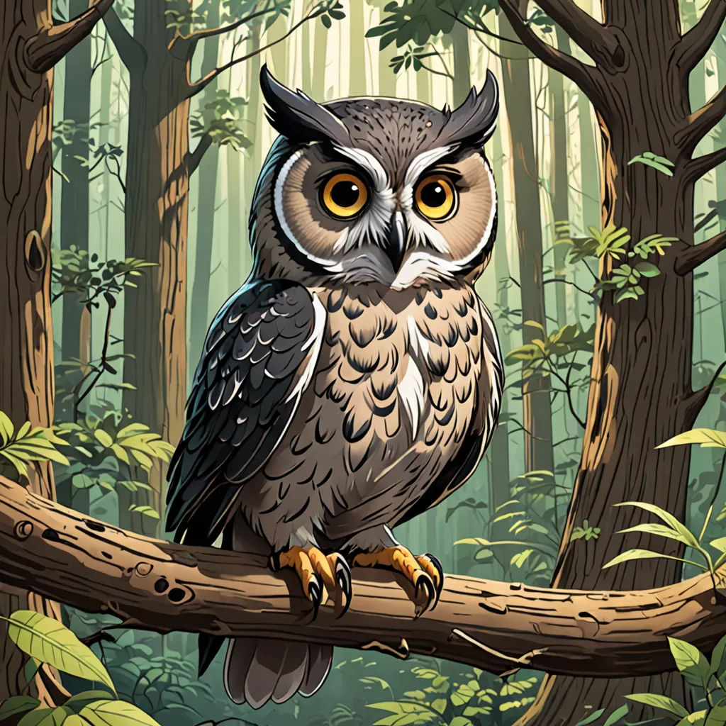 a bird sitting on a branch in a forest with trees and leaves around it, with a yellow - eyed owl perched on the branch, fantasy art, a storybook illustration, Dan Mumford, high detail illustration