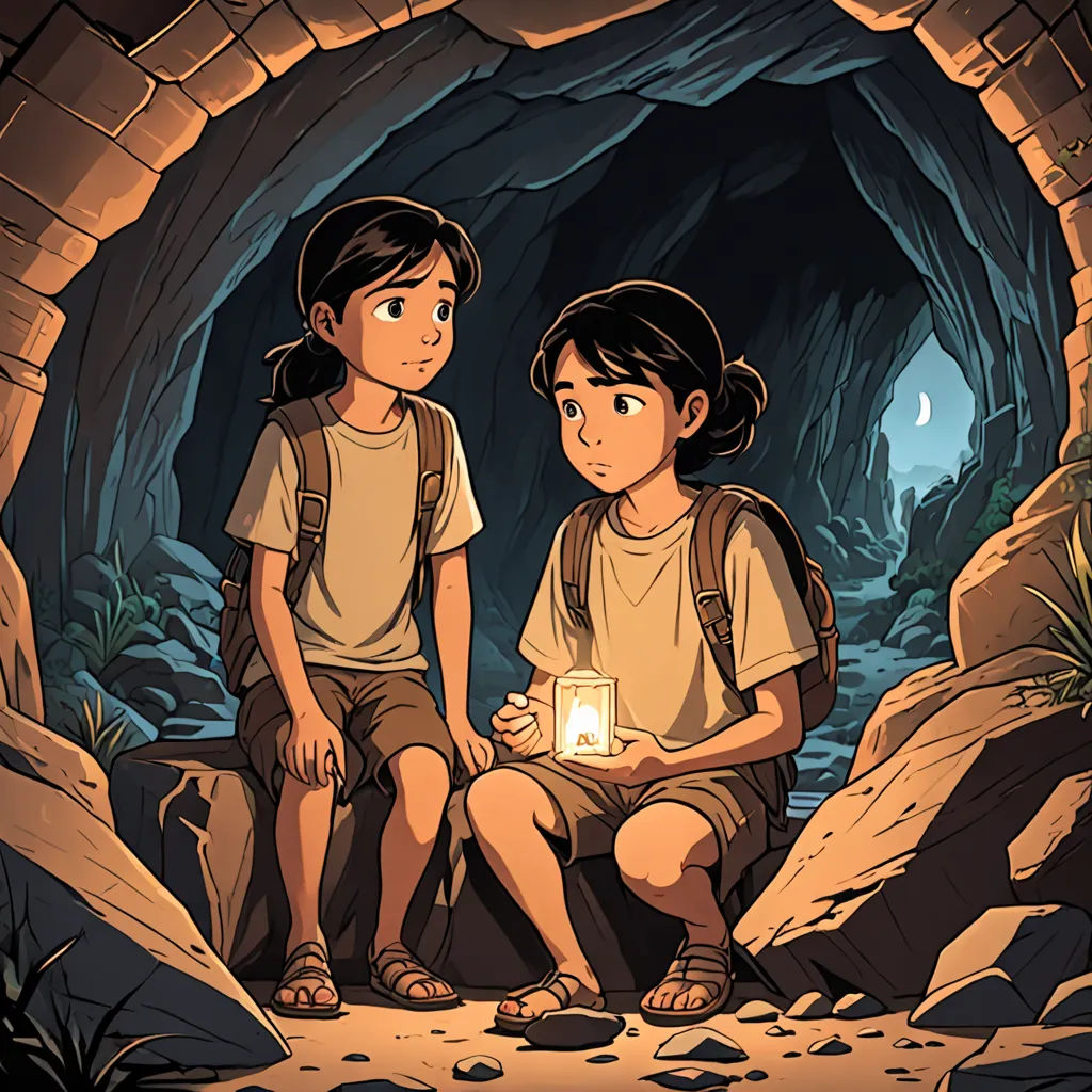 a couple of kids sitting in a cave with a lantern in hand and a flashlight in the other hand, underground comix, a storybook illustration, Diego Gisbert Llorens, comic cover art