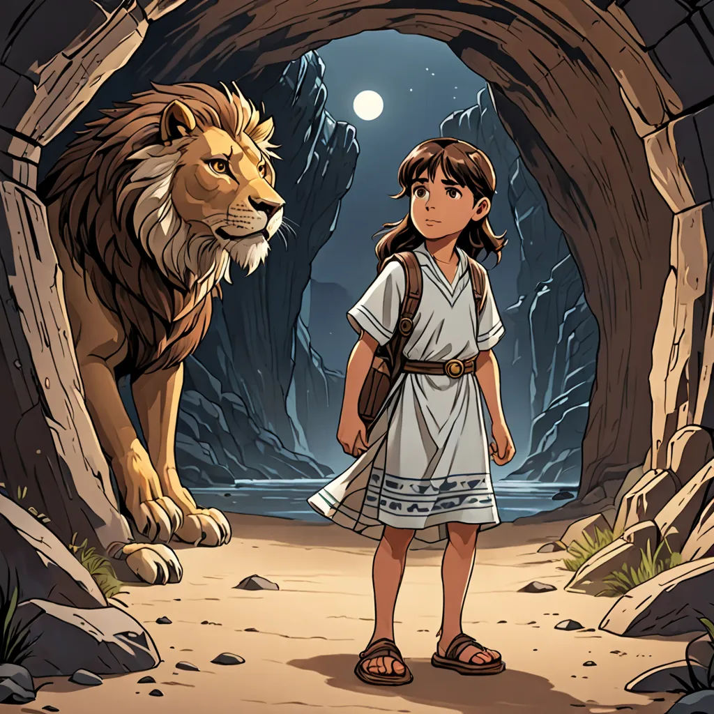 a girl standing in a cave with a lion behind her and a light on her head and a flashlight in her hand, lyco art, a storybook illustration, Asaf Hanuka, promotional image