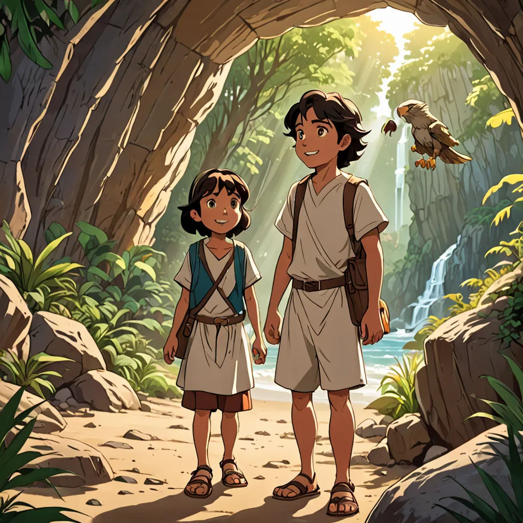 a boy and a girl standing in a cave with a bird flying overhead and a bird flying above them, les nabis, concept art, Cliff Childs, official art