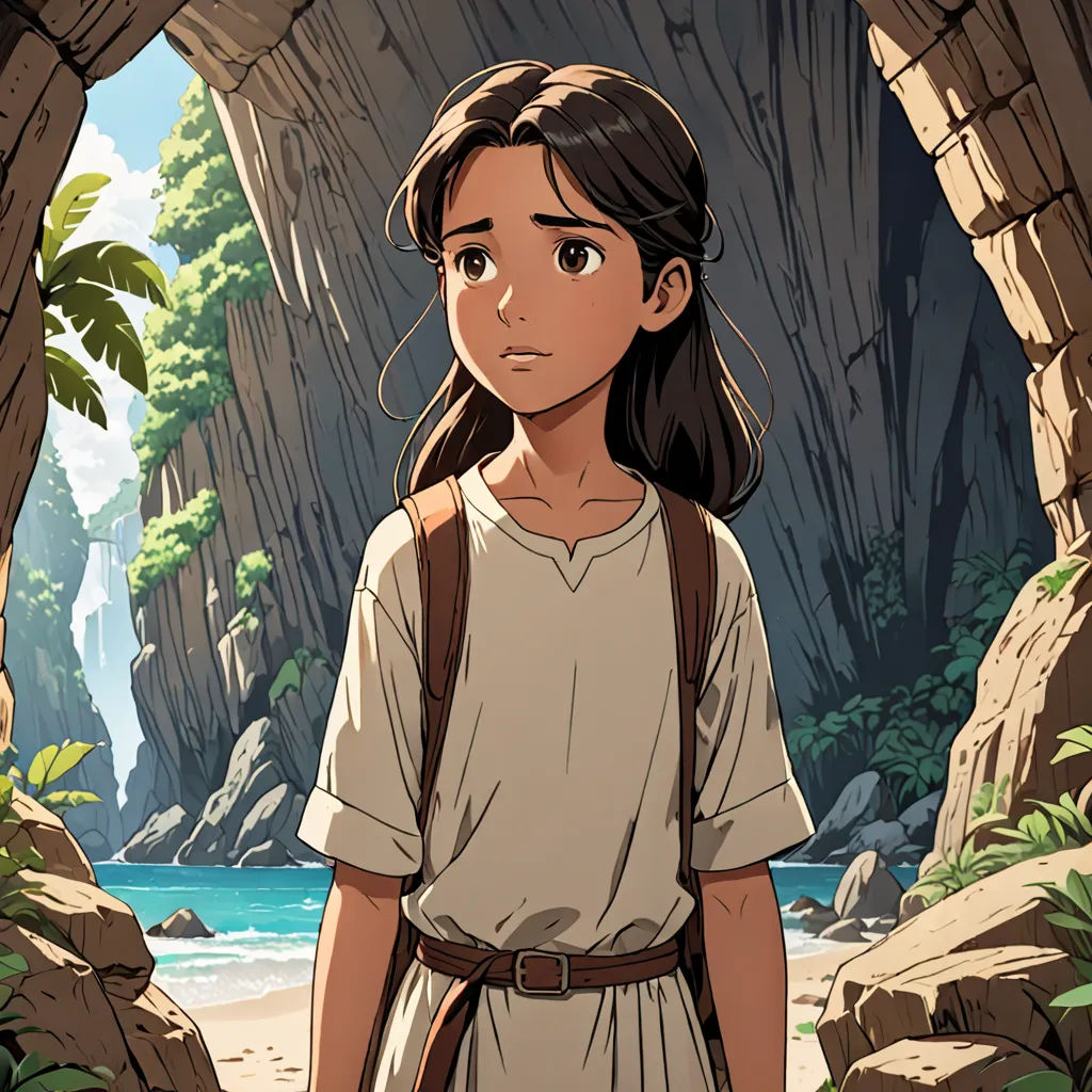 a girl in a cave looking at the camera with a backpack on her shoulder and a river in the background, serial art, a character portrait, Cliff Childs, official art