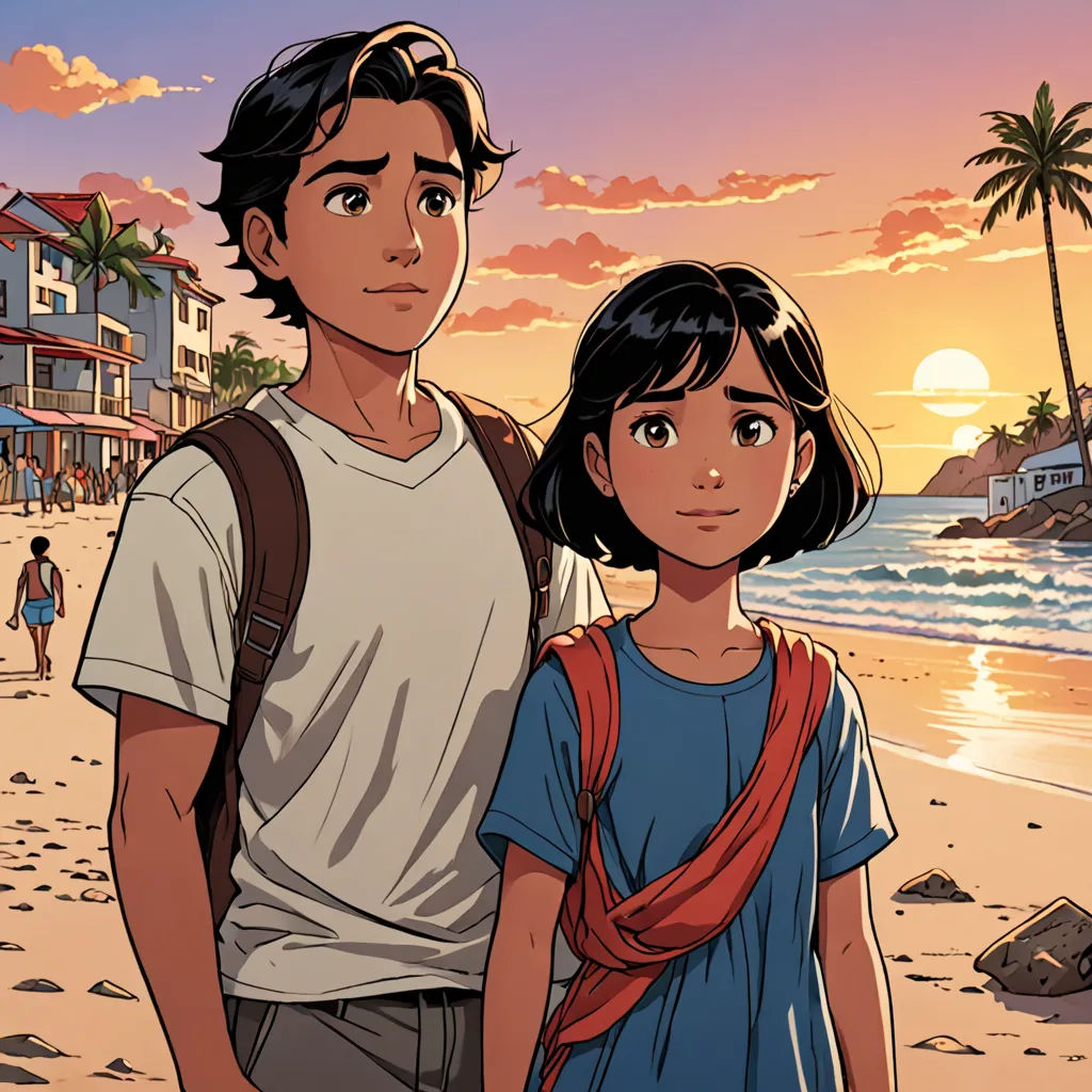 a man and a woman standing on a beach next to the ocean at sunset with a building in the background, private press, a comic book panel, Cliff Childs, comic cover art
