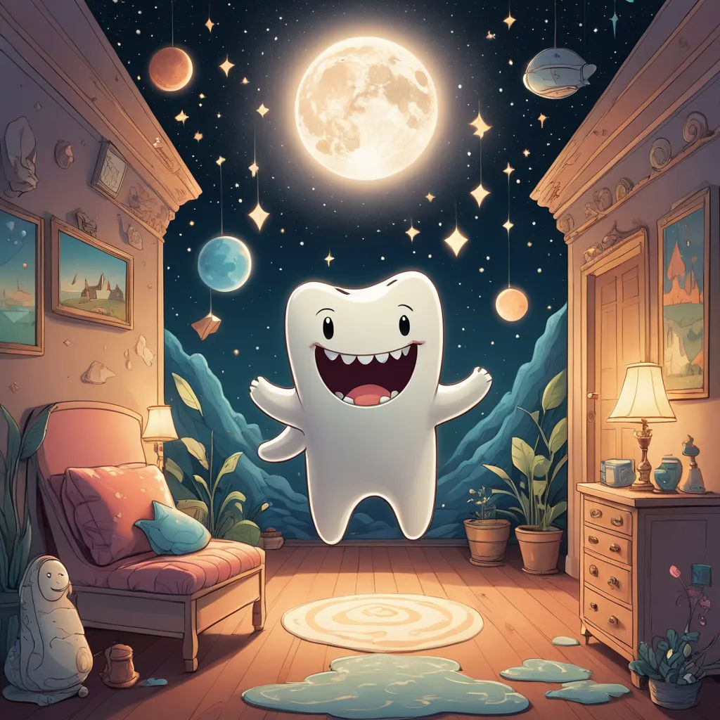 a cartoon tooth is standing in a room with a full moon in the background and a cat on the floor, space art, a storybook illustration, Chris LaBrooy, detailed illustration
