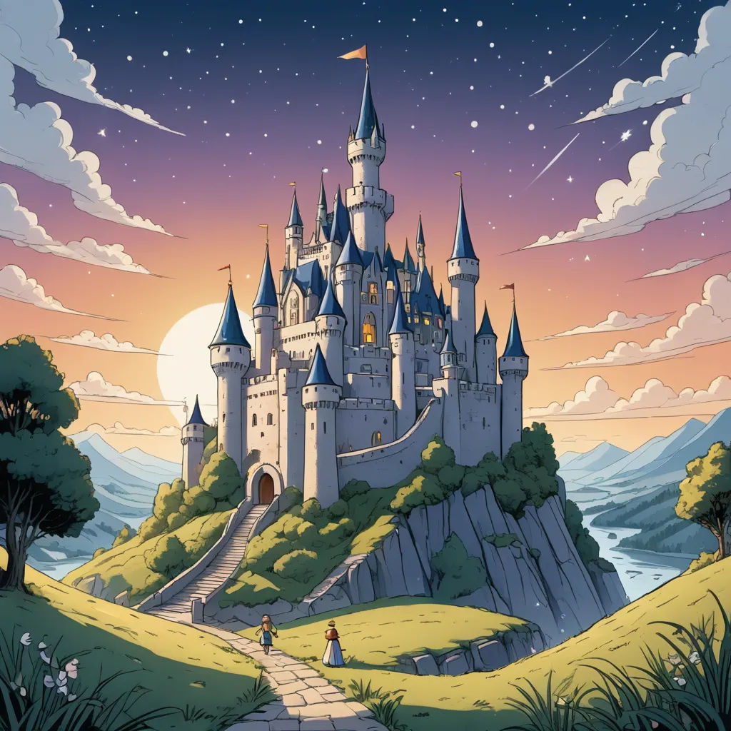a castle with a pathway leading to it and a sky background with stars and clouds above it and a person walking on a path, fantasy art, a detailed matte painting, disney, kinkade