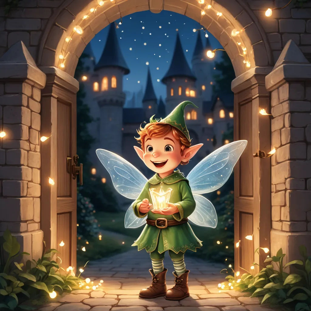 a cartoon fairy standing in front of a doorway with a lit candle in her hand and a fairy outfit on, fantasy art, a storybook illustration, Cliff Childs, storybook illustration