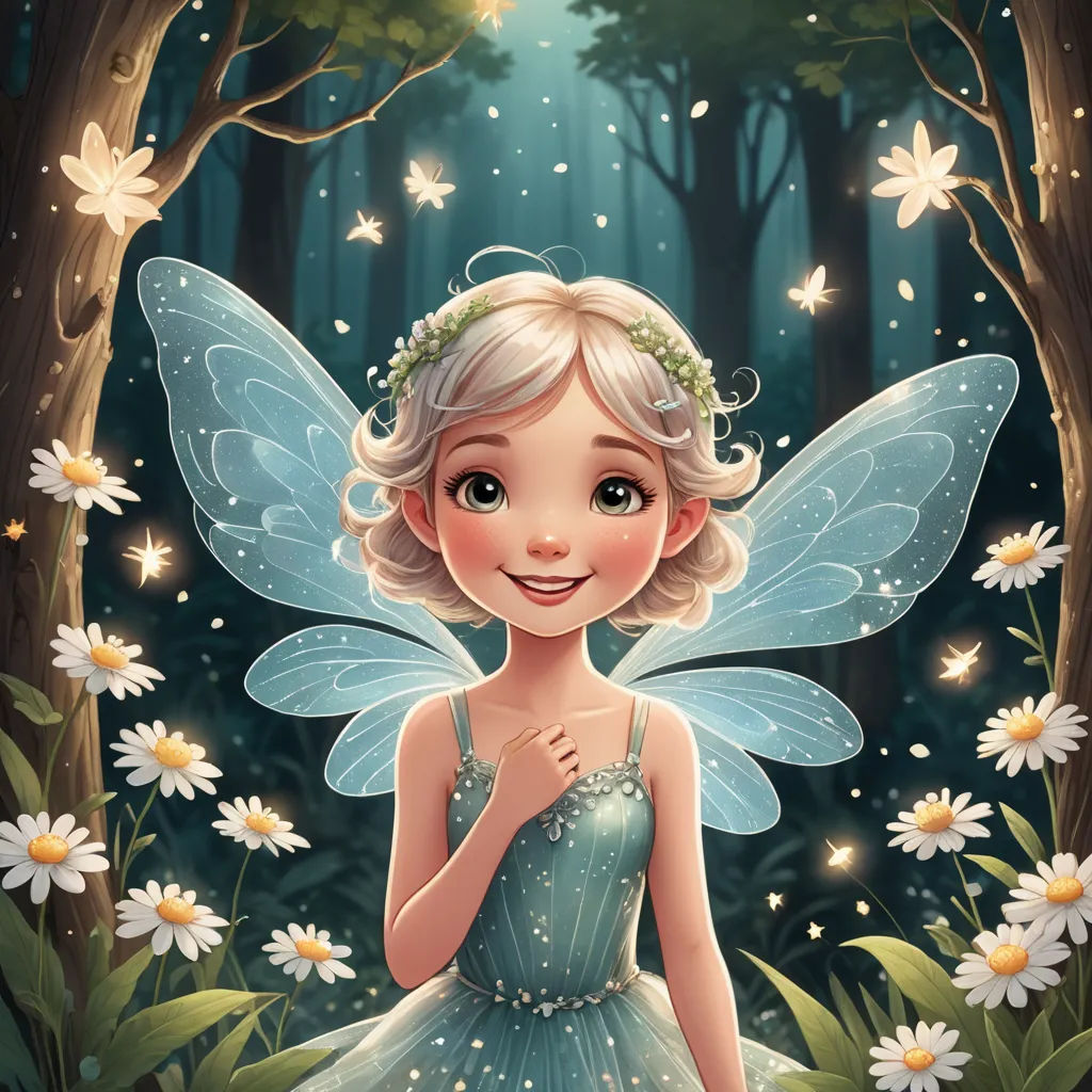 a fairy with a blue dress and a tiara in a forest with daisies and a star in her hair, fantasy art, a storybook illustration, Anna Dittmann, storybook illustration