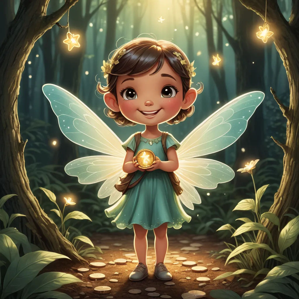 a little girl dressed in a fairy costume holding a golden ball in a forest with stars and a light shining on her, fantasy art, a storybook illustration, Chris Rallis, rossdraws global illumination
