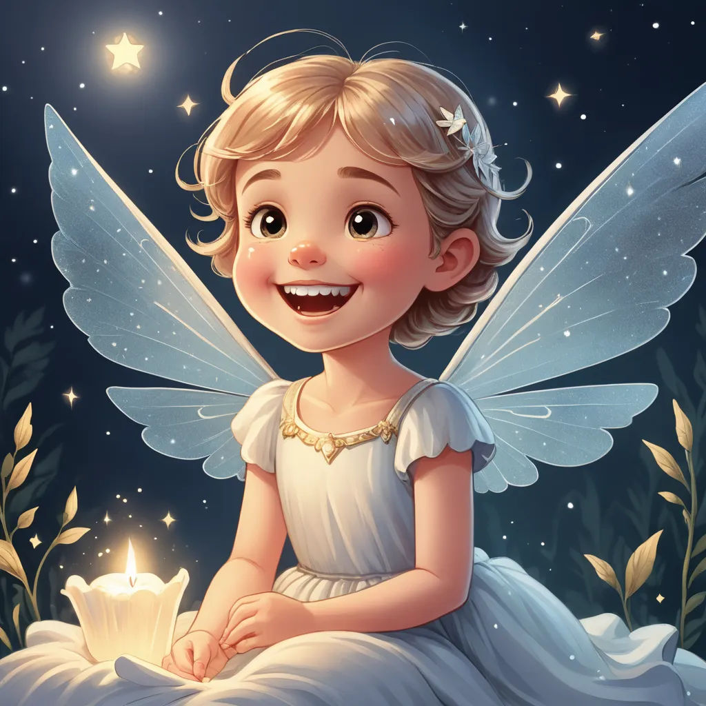 a little girl dressed in white sitting on a bed with a candle in her hand and smiling at the camera, fantasy art, a storybook illustration, Cliff Childs, storybook illustration