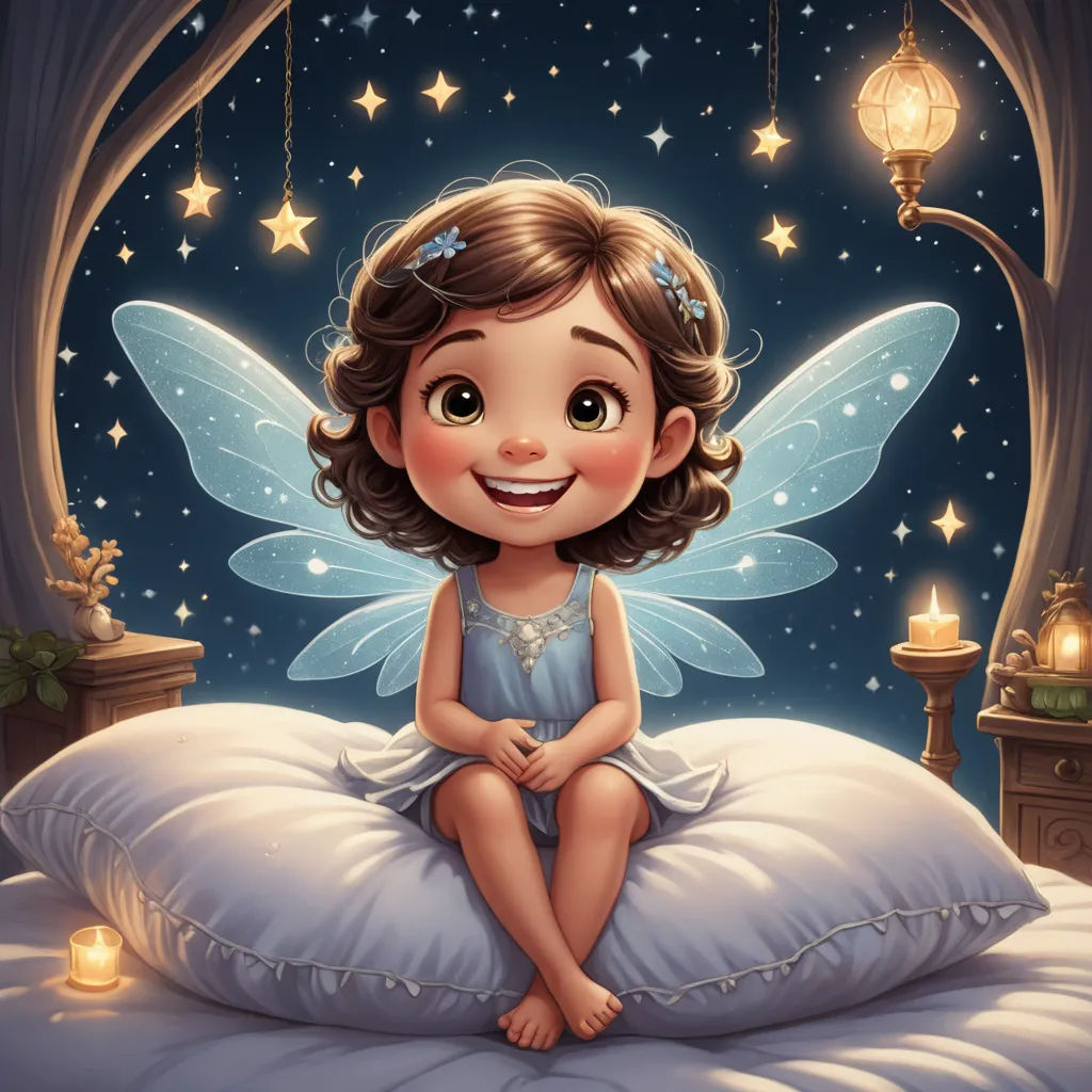a cartoon fairy sitting on a pillow with a lantern in the background and a night sky behind her, with stars and a lantern in the foreground, fantasy art, a storybook illustration, Cliff Childs, storybook illustration
