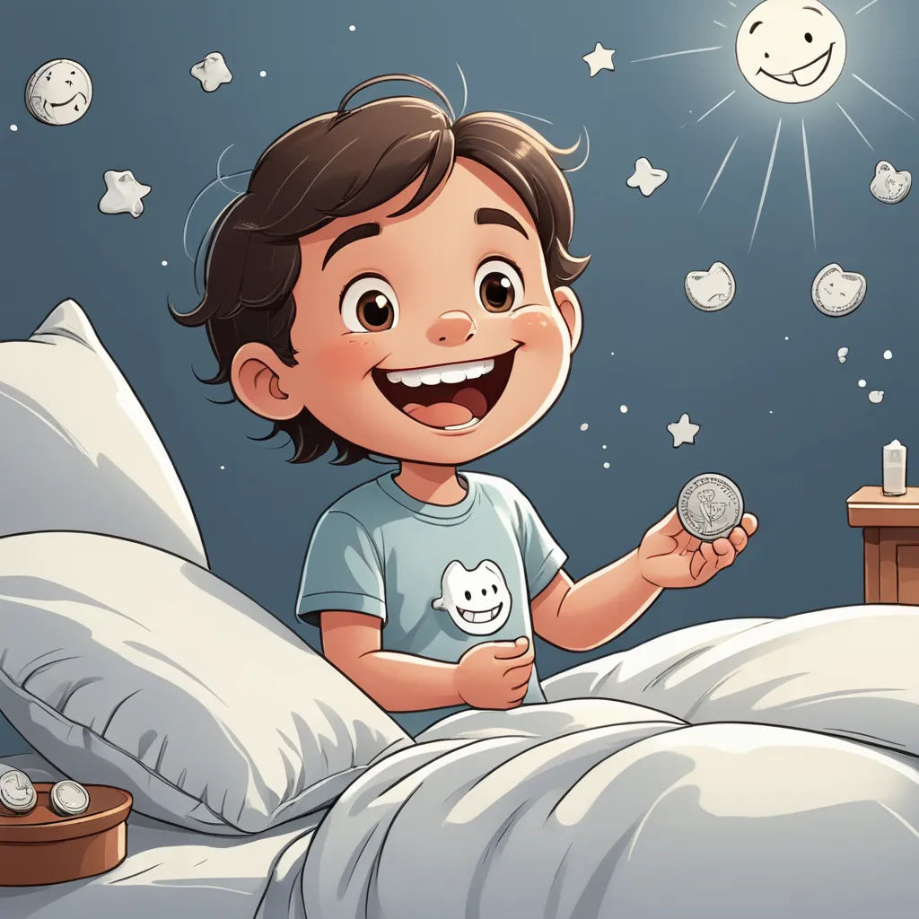 a boy is smiling while holding a toy in his hand while sitting on a bed with a pillow and a night sky with stars, lyco art, a storybook illustration, Diego Gisbert Llorens, storybook illustration