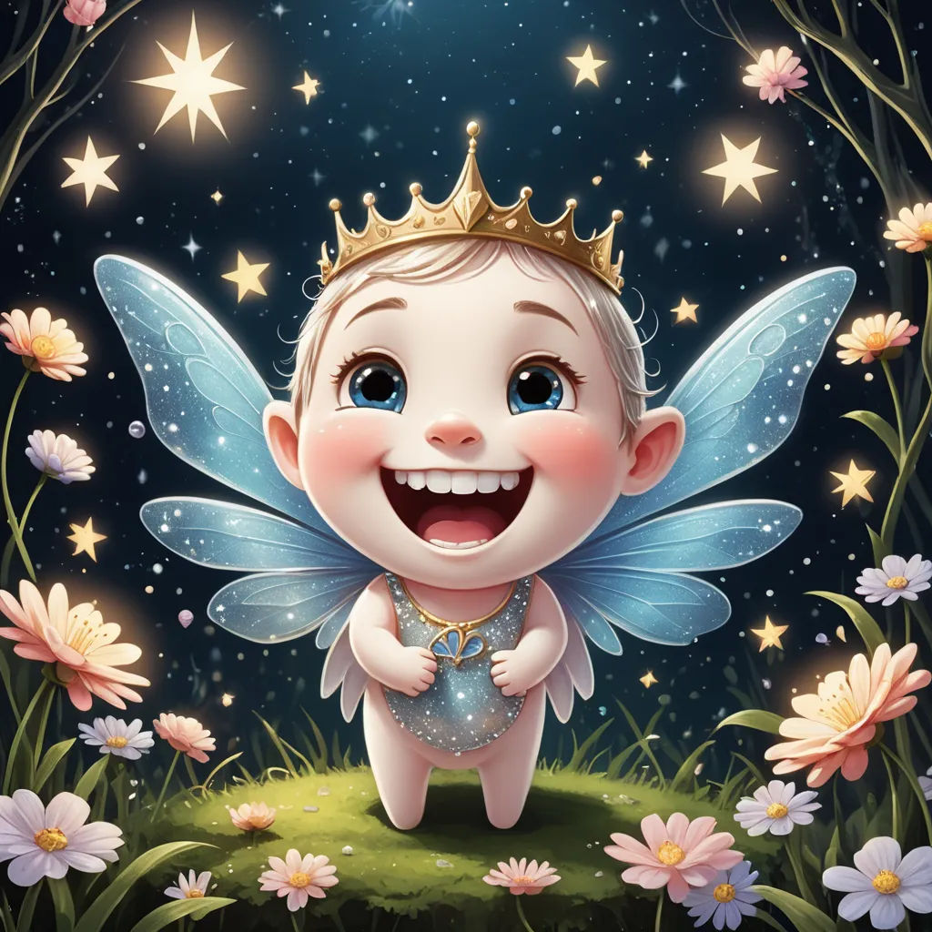 a little fairy with a crown on her head and flowers around her ankles, standing in the grass with daisies, fantasy art, a storybook illustration, Cliff Childs, storybook illustration