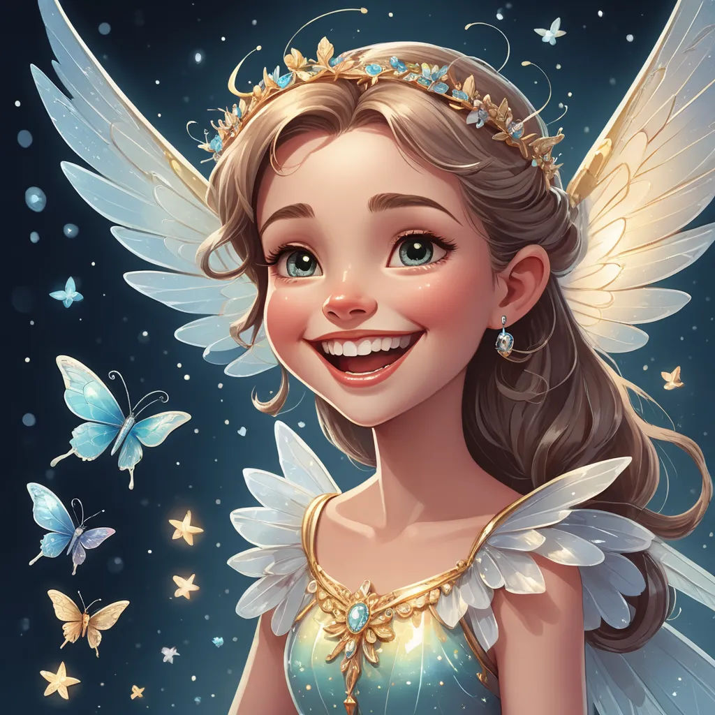 a cartoon girl with a tiara and a butterfly on her head and a butterfly in her hand, smiling, fantasy art, a storybook illustration, Anna Dittmann, trending on art station