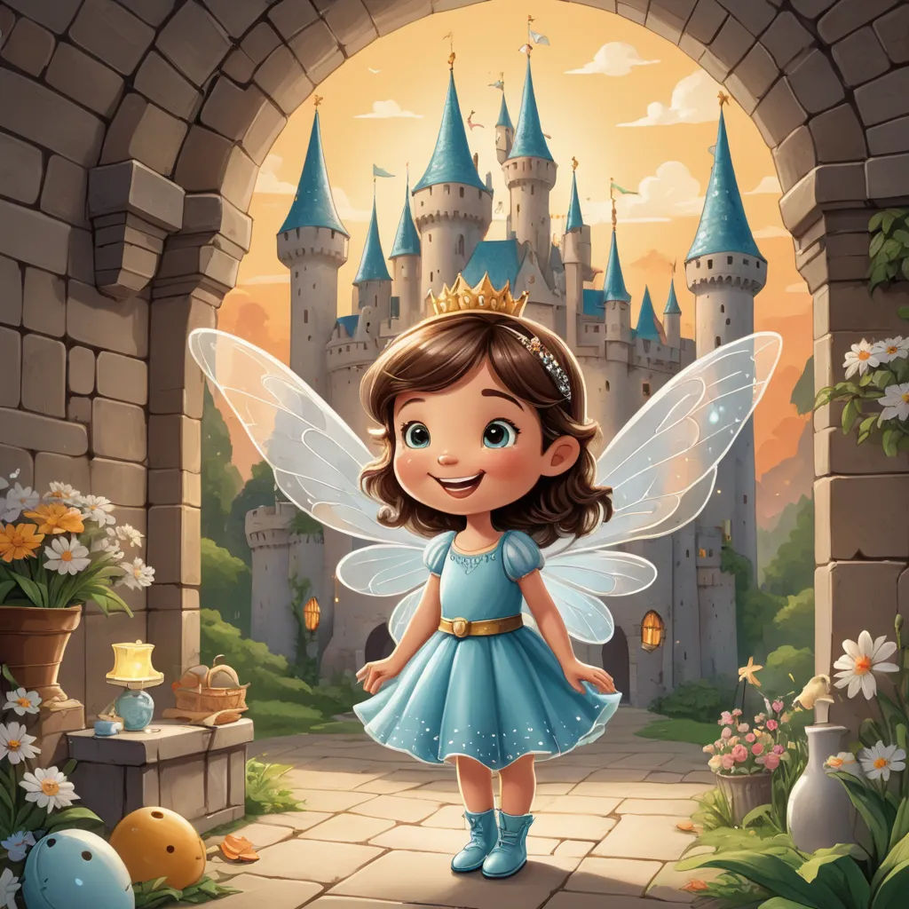 a cartoon fairy standing in front of a castle entrance with a princess in her blue dress and a tiara, fantasy art, a storybook illustration, Cliff Childs, storybook illustration