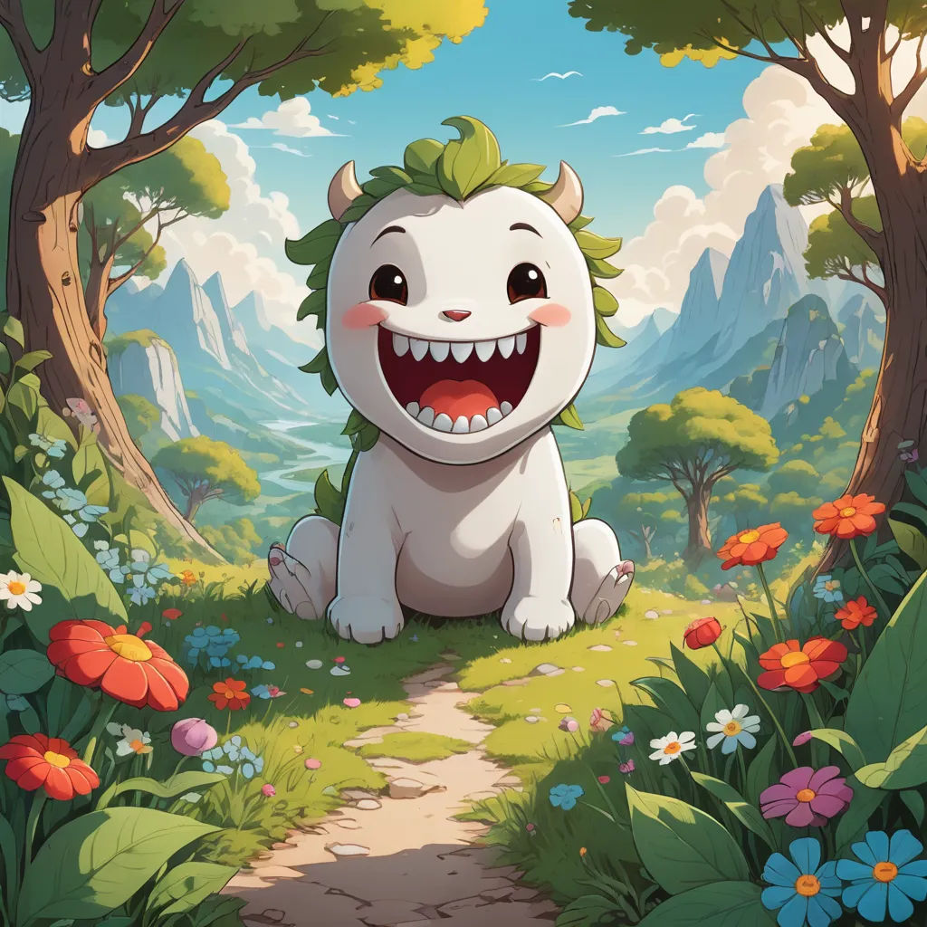 a cartoon character sitting in a forest with a big smile on his face and mouth, with a path leading to a mountain, altermodern, a character portrait, Chris LaBrooy, official art