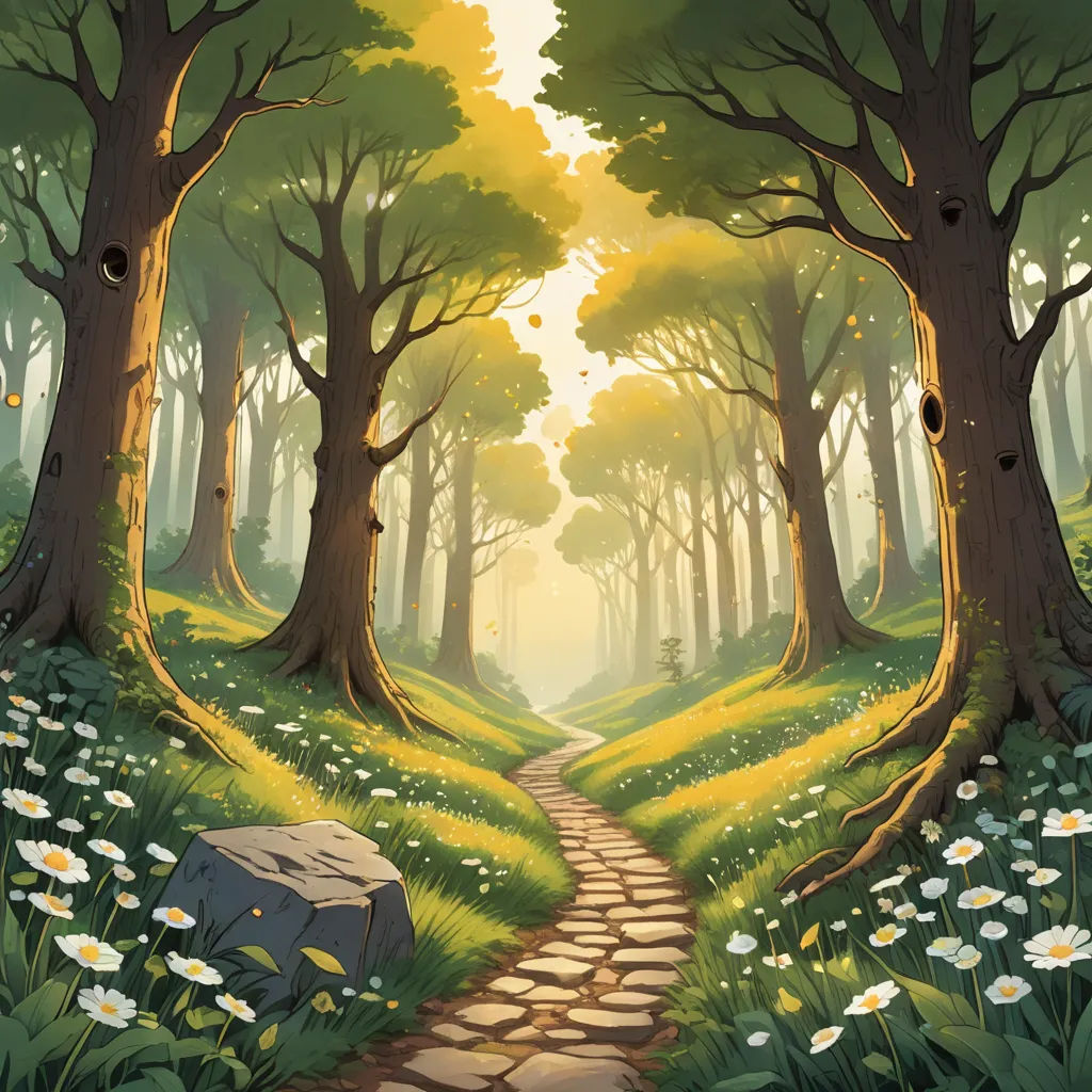 a painting of a path through a forest with flowers and trees on either side of it and a rock in the middle, fantasy art, a detailed matte painting, Chris LaBrooy, forest