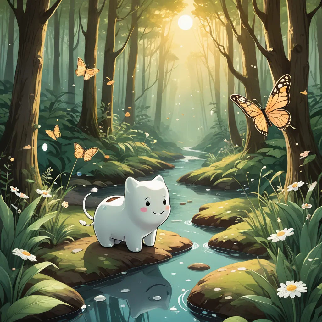 a cat standing on a rock in a forest with a stream and butterflies flying around it, with a sunbeam in the background, fantasy art, a storybook illustration, Cyril Rolando, rossdraws global illumination