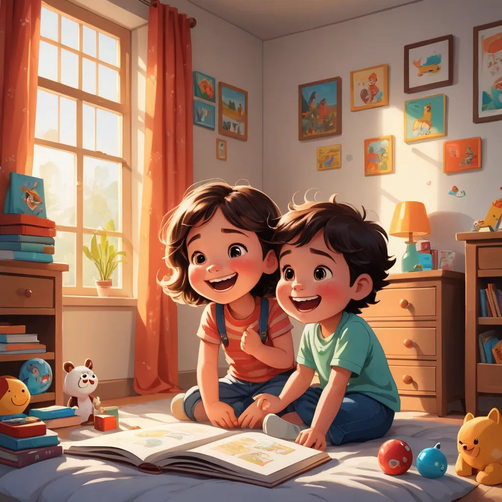 a couple of kids sitting on top of a bed next to a book and a window with orange curtains, photorealism, a storybook illustration, Diego Gisbert Llorens, rossdraws global illumination