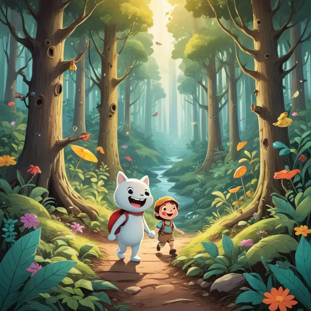 a boy and a cat walking through a forest with a stream in the background illustration by alex macgrew, furry art, a storybook illustration, Asaf Hanuka, promotional image